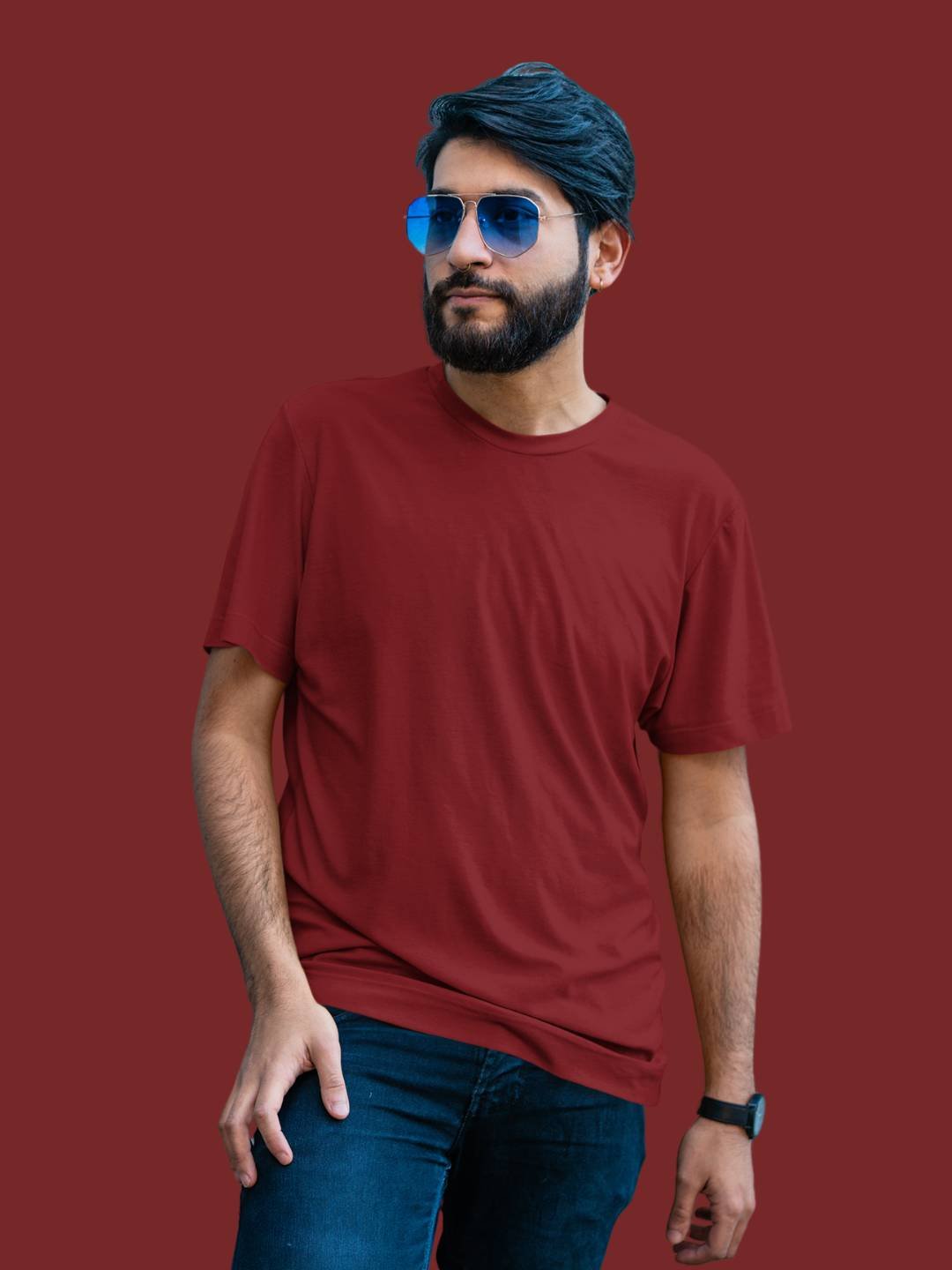 Half Sleeves Crew Neck: Maroon